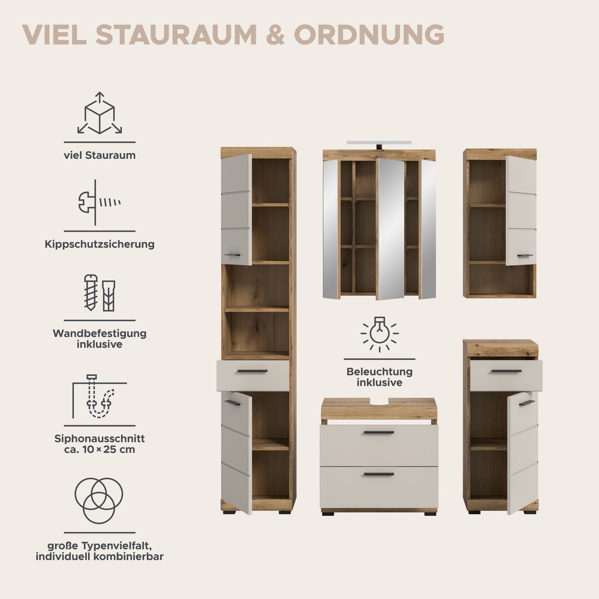 Badezimmerschrank-Set in Holzoptik mit integriertem Licht, Regalen und Schubfächern