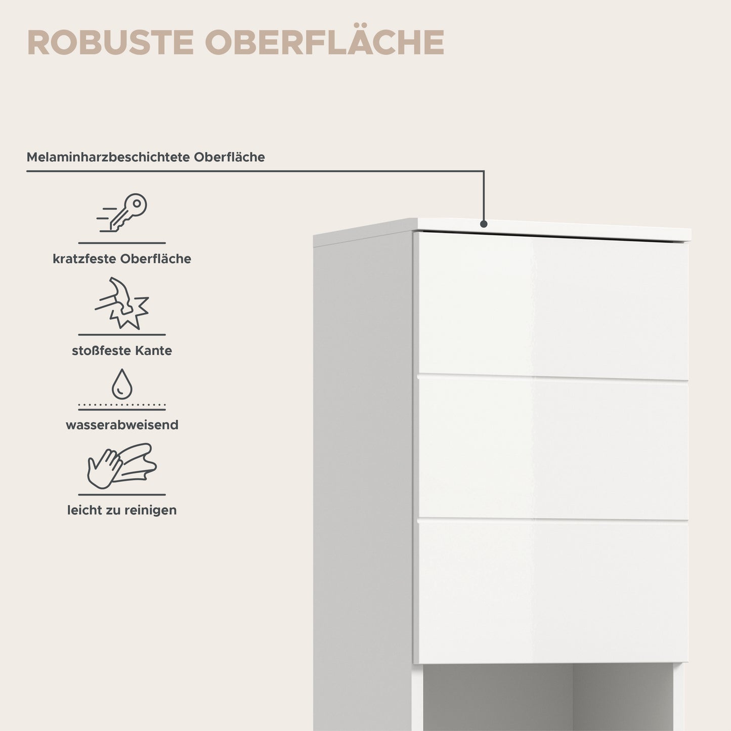 Badhochschrank in Hochglanz-weiß mit robuster Oberfläche, Frontansicht im Schaubild