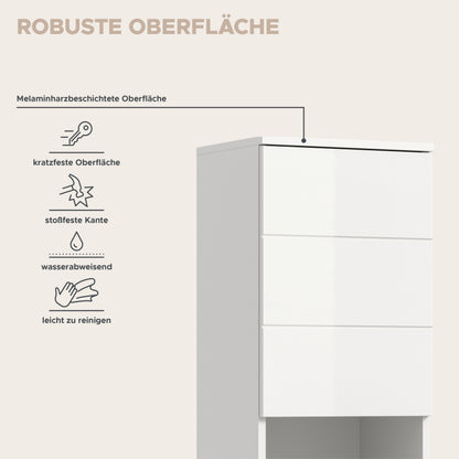 Badhochschrank in Hochglanz-weiß mit robuster Oberfläche, Frontansicht im Schaubild