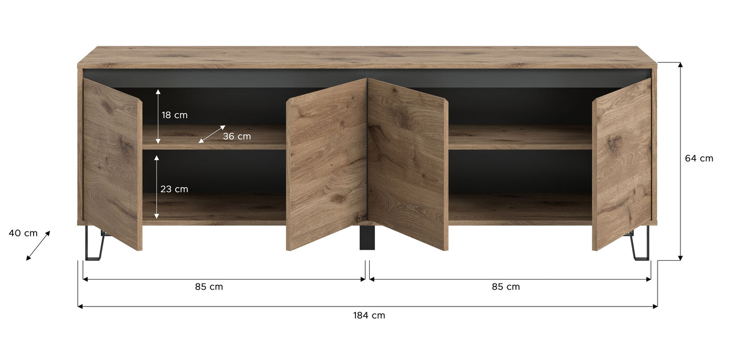 Lowboard in hellem Eichenholzdekor, ca. 184 cm breit und 64 cm hoch, offene Klappen