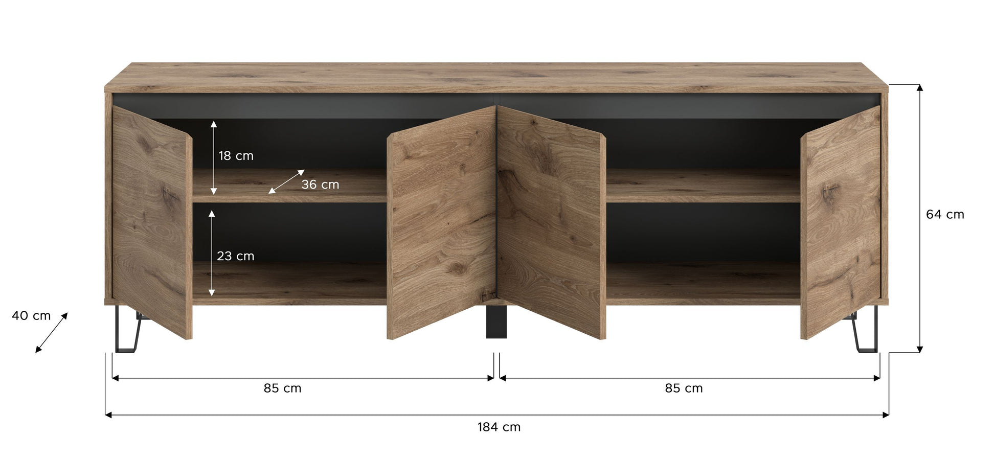 Lowboard in hellem Eichenholzdekor, ca. 184 cm breit und 64 cm hoch, offene Klappen