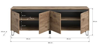 Lowboard in hellem Eichenholzdekor, ca. 184 cm breit und 64 cm hoch, offene Klappen