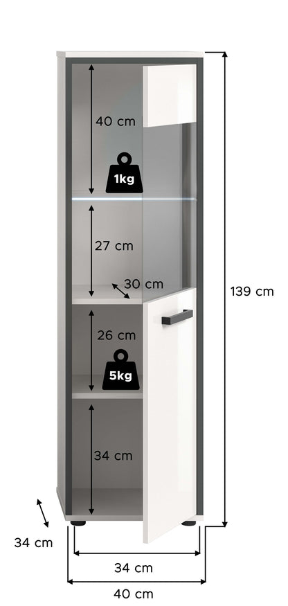 Badkommode, 40 cm breit, weiße Front, Innenfächer mit LED-Leiste, Griff