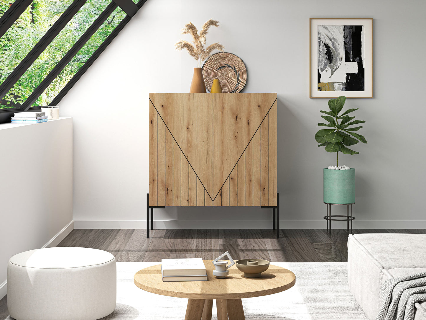 Kommode mit Türen in heller Holzoptik, diagonales V-Linienmuster, schwarze Füße