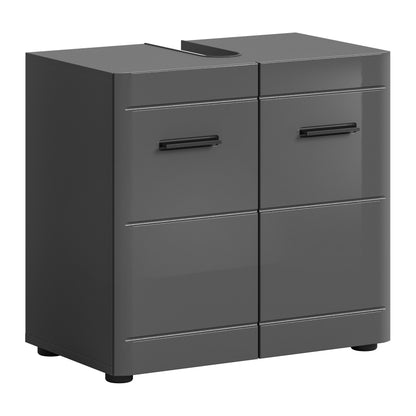 Waschbeckenunterschrank 60 cm breit, grau, Hochglanz, mit zwei Türen und Griffen