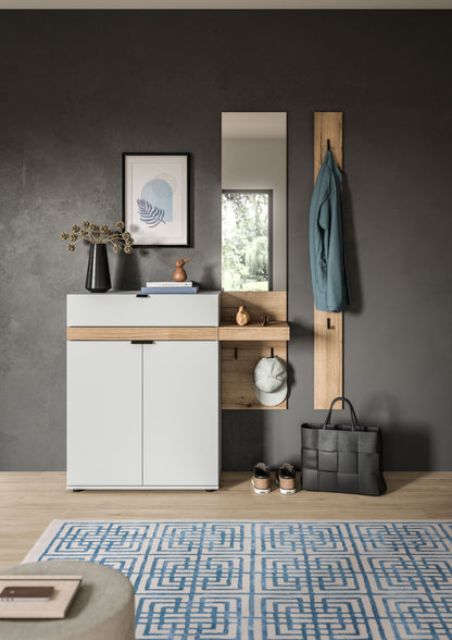 Flurmöbel-Set mit Spiegel, Holzpaneel und hellgrauer Kommode mit Stauraum, Garderobenhaken