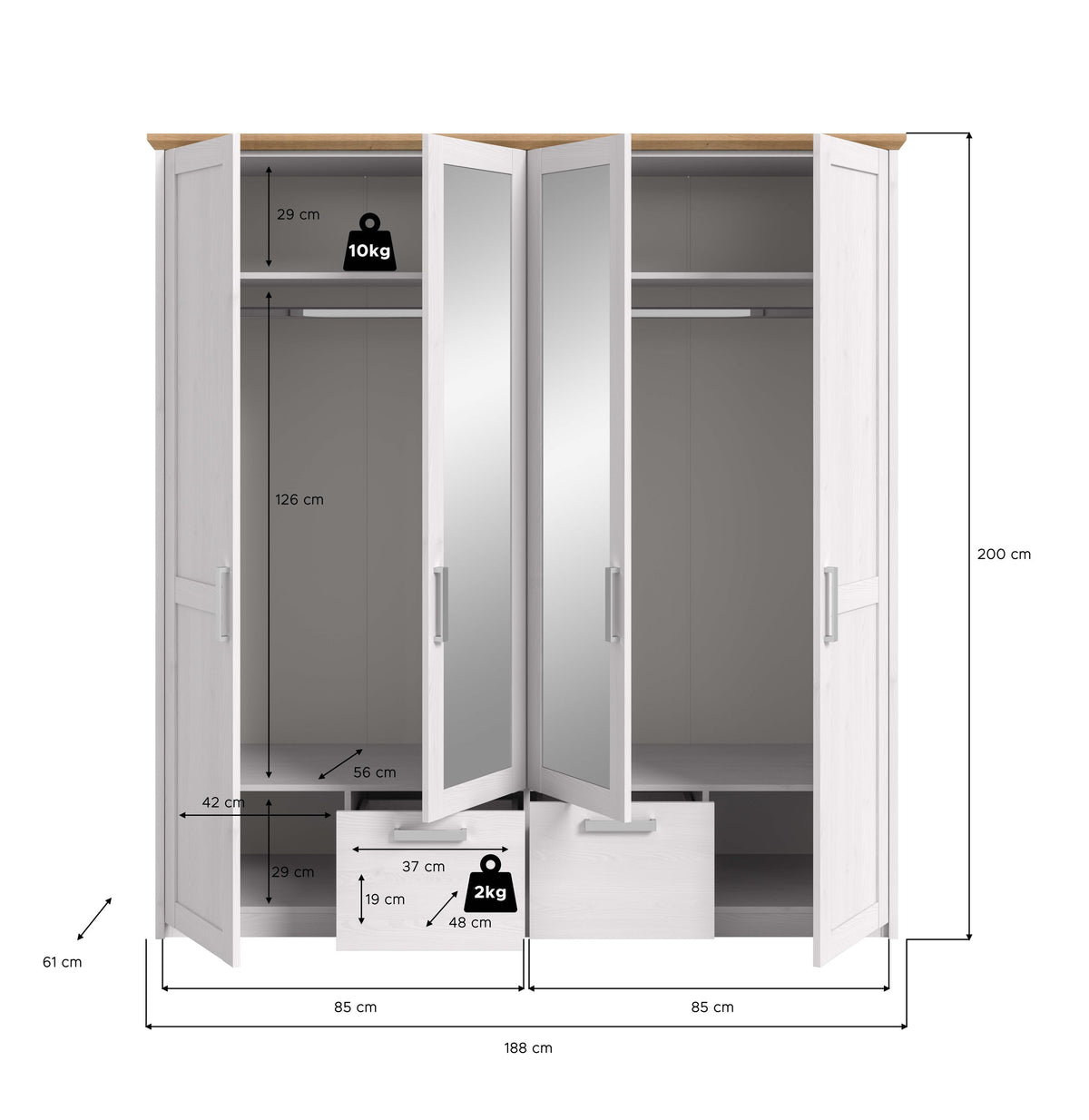 4-Door Wardrobe VERONA (W/H/D: approx. 188/200/61 cm) in Sibiu Larch Replica/Sibiu Larch Replica
