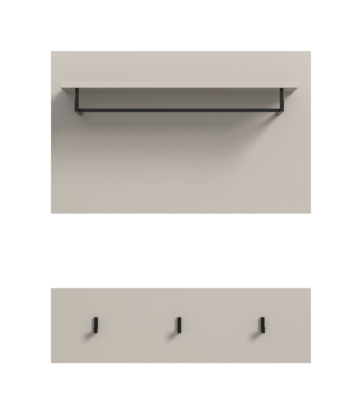 Garderobenwand mit Hutablage und drei Kleiderhaken, graue Oberfläche, schwarze Haken