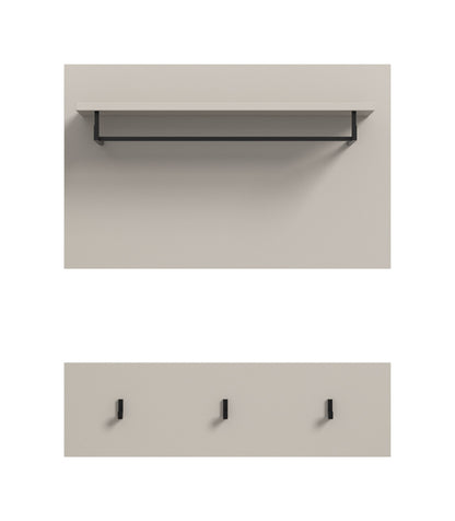 Garderobenwand mit Hutablage und drei Kleiderhaken, graue Oberfläche, schwarze Haken