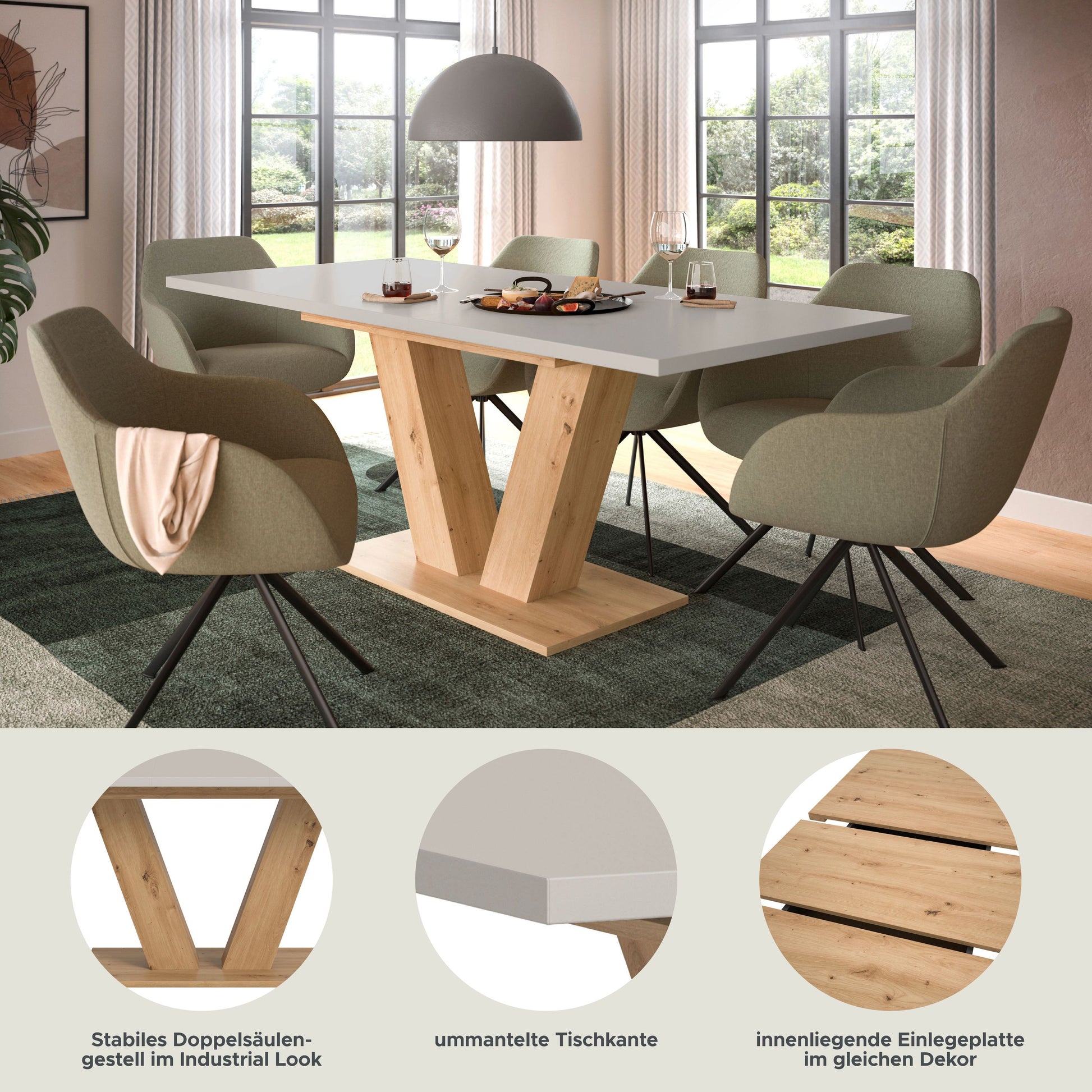 Esstisch mit Holzplatte und X-Gestell aus hellem Holz, Ansicht im Esszimmer