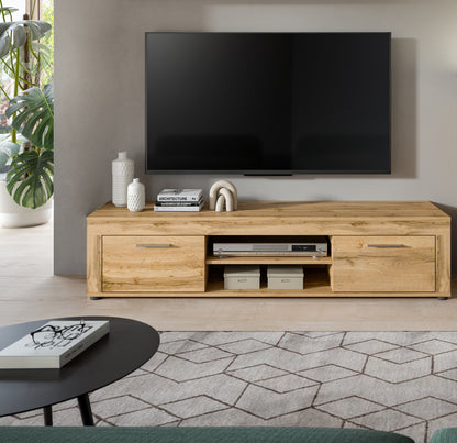 Meuble TV bas JAM (L/H/P : env. 160/37/40 cm) en imitation chêne Wotan/gris