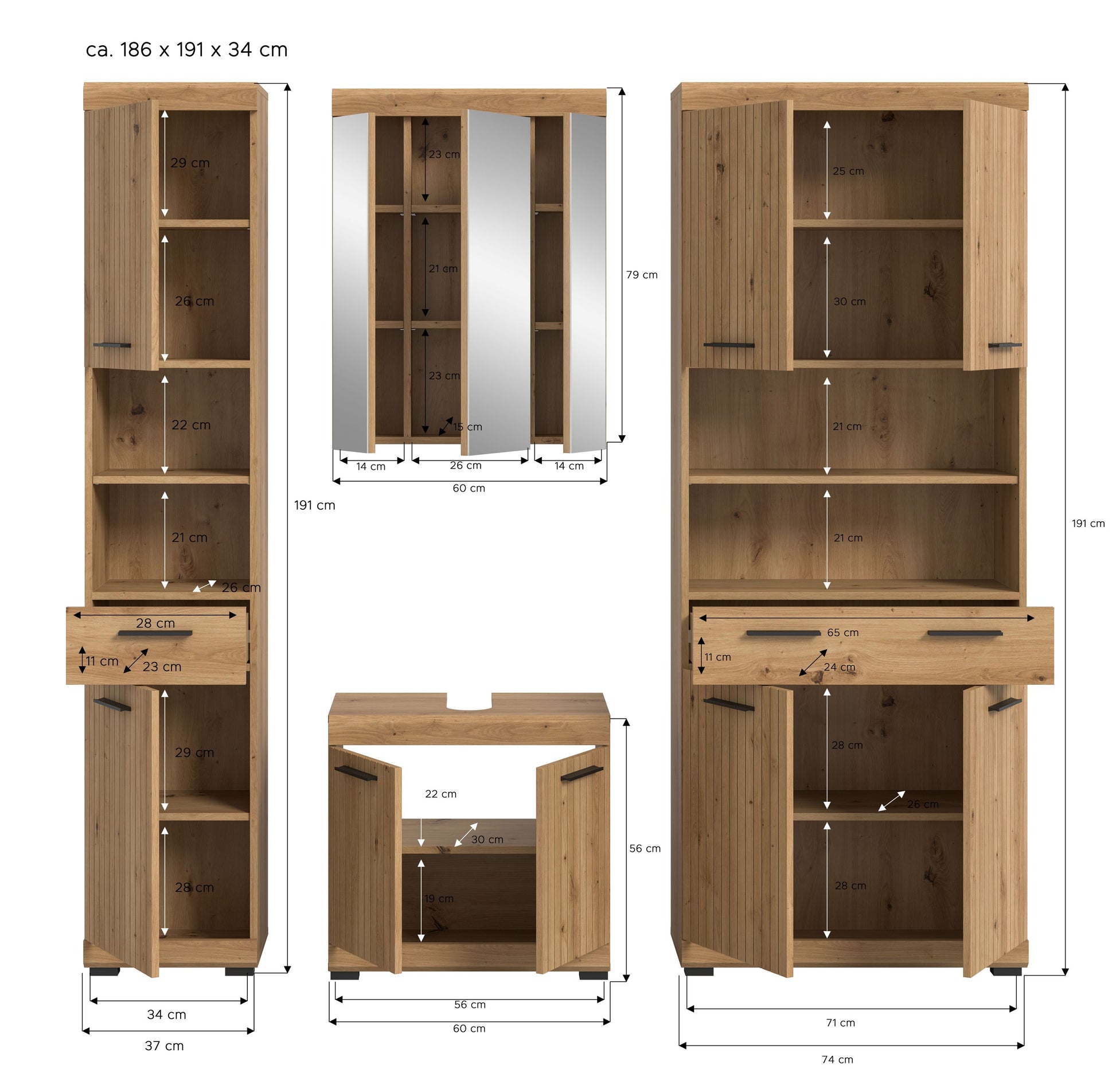 Badezimmerschrank-Set Holzoptik mit Maßangaben: Hochschrank, Spiegelschrank und Unterschrank, 4-tlg.