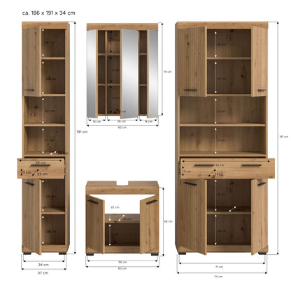 Badezimmerschrank-Set Holzoptik mit Maßangaben: Hochschrank, Spiegelschrank und Unterschrank, 4-tlg.