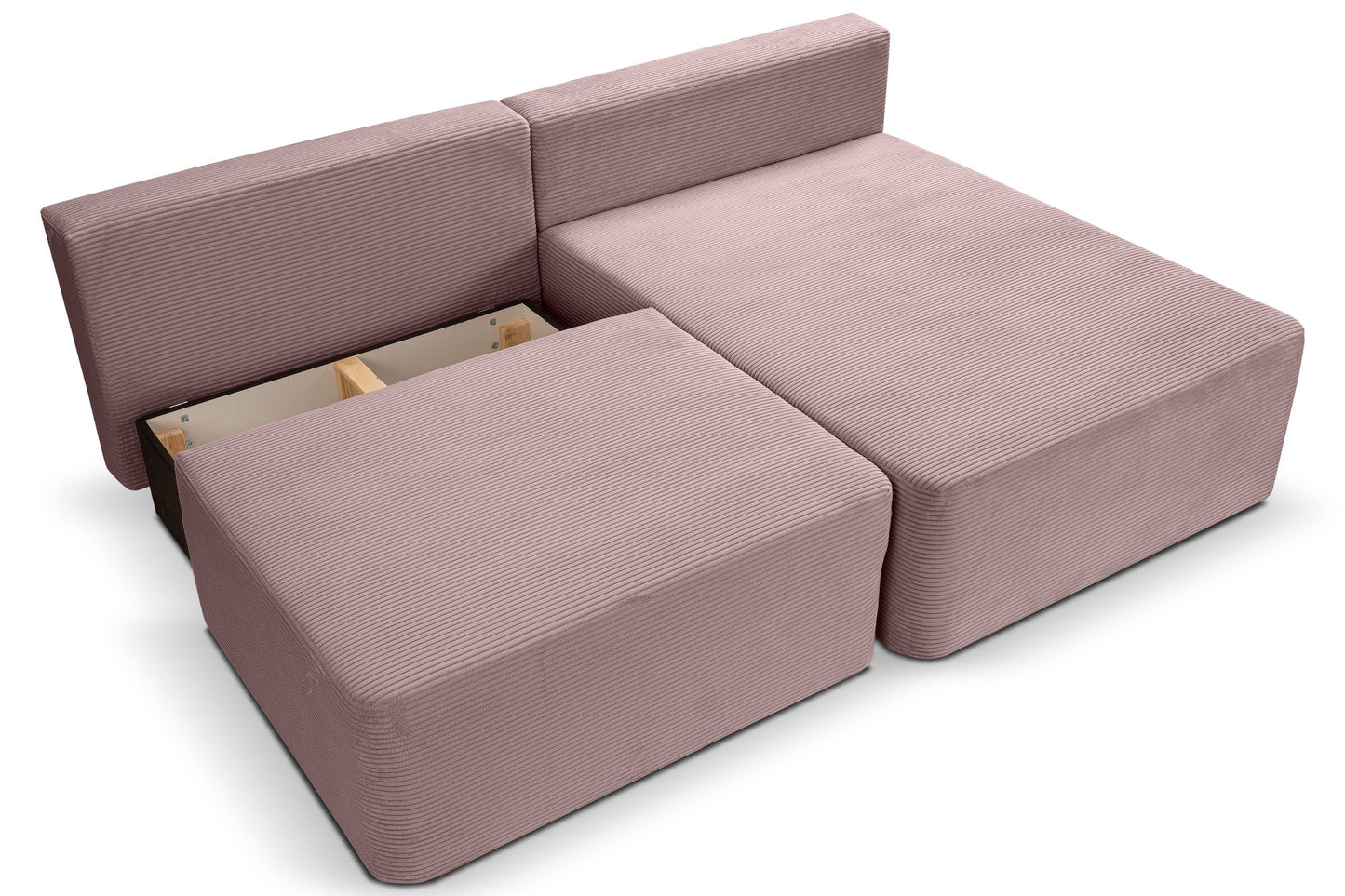 Schlafsofa in Altrosa mit Cordbezug, Blick auf Sitzelemente und hochstehende Rückenlehnen