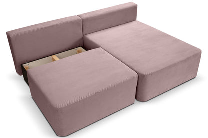 Schlafsofa in Altrosa mit Cordbezug, Blick auf Sitzelemente und hochstehende Rückenlehnen