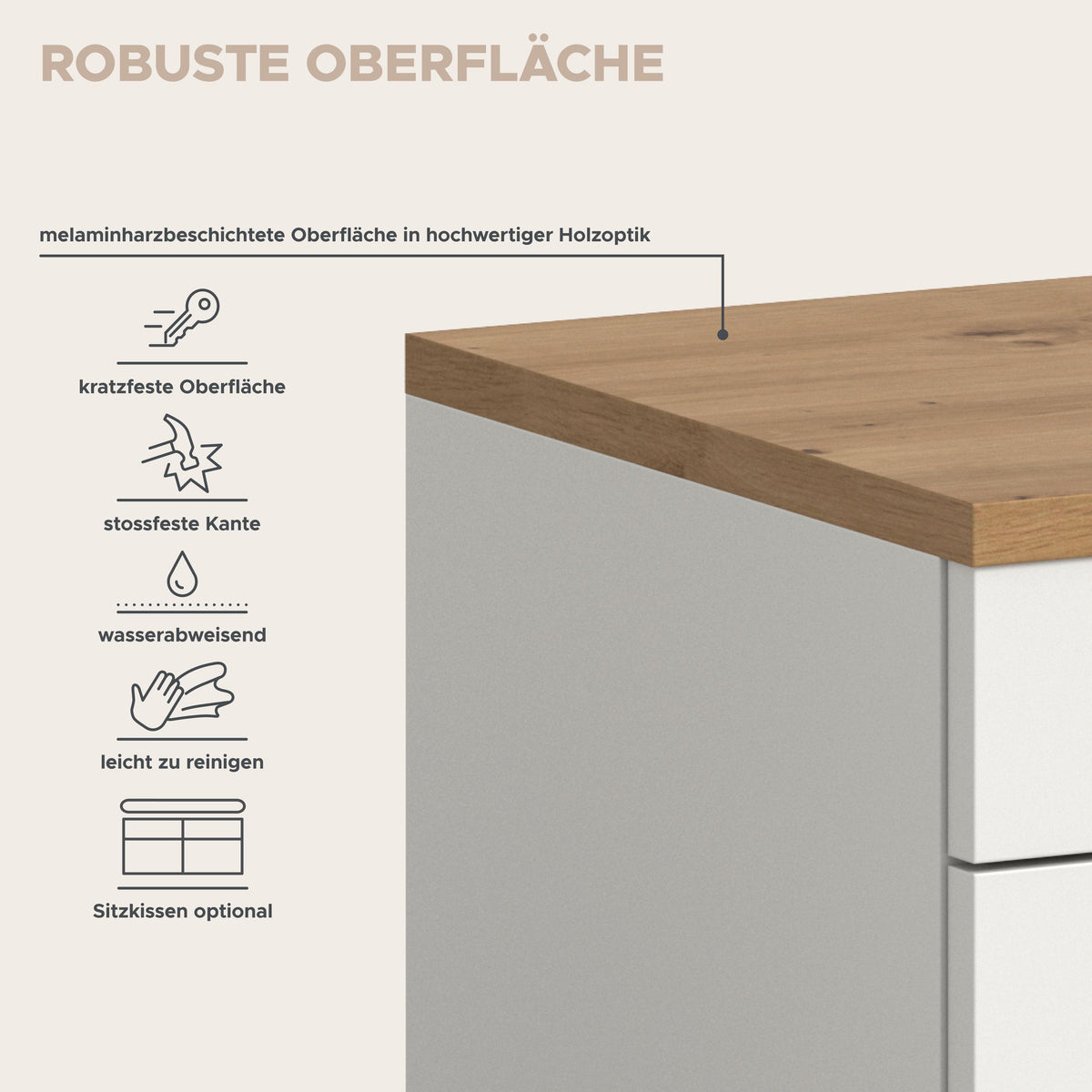 Garderoben-Set: melaminharzbeschichtete Arbeitsplatte mit Holzdekor, kratzfeste Oberfläche
