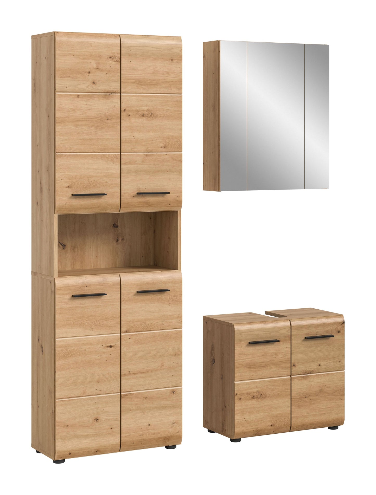 Badezimmer-Set im hellen Holzdekor: hoher Schrank, Spiegelschrank und Unterschrank