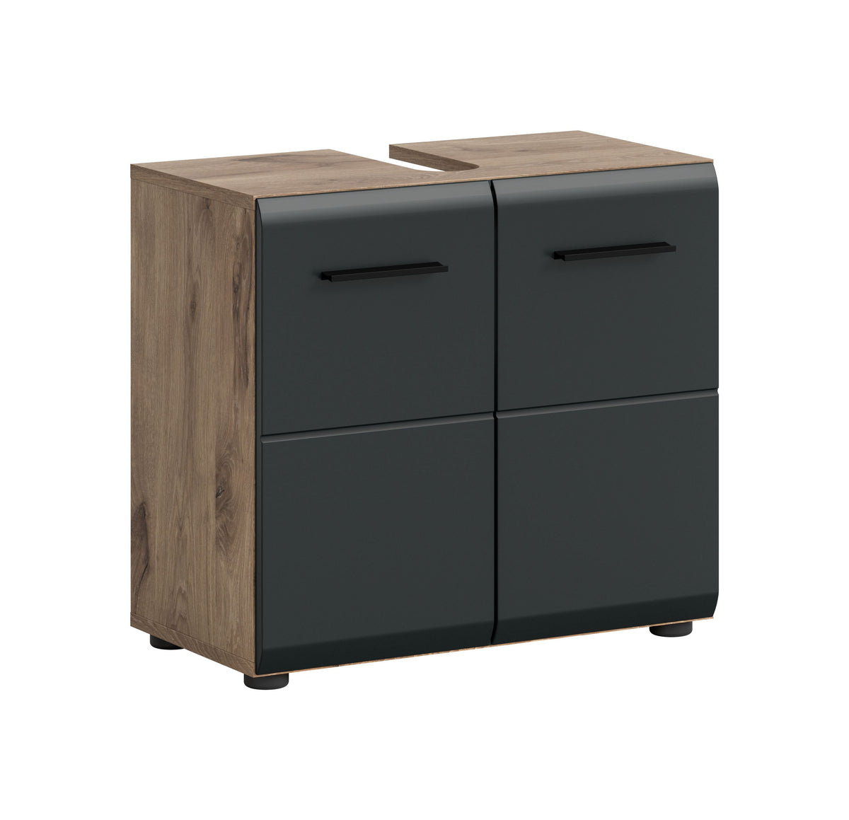 Waschbeckenunterschrank 60 cm, dunkelgrau, zwei Türen mit Griffen und Holz-Seitenteil