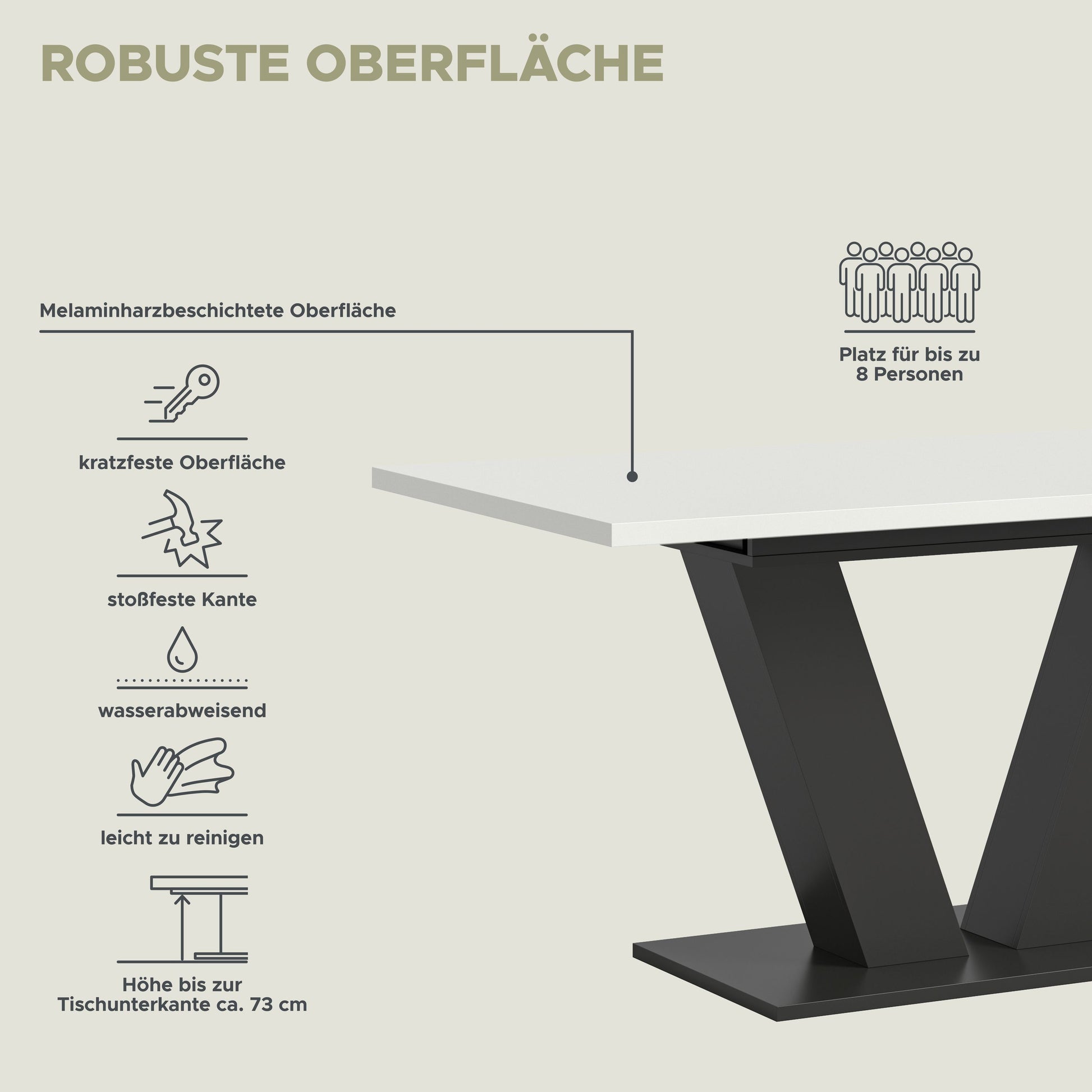Esstisch mit schwarzem Untergestell und melaminartiger Oberfläche, X-Gestell sichtbar