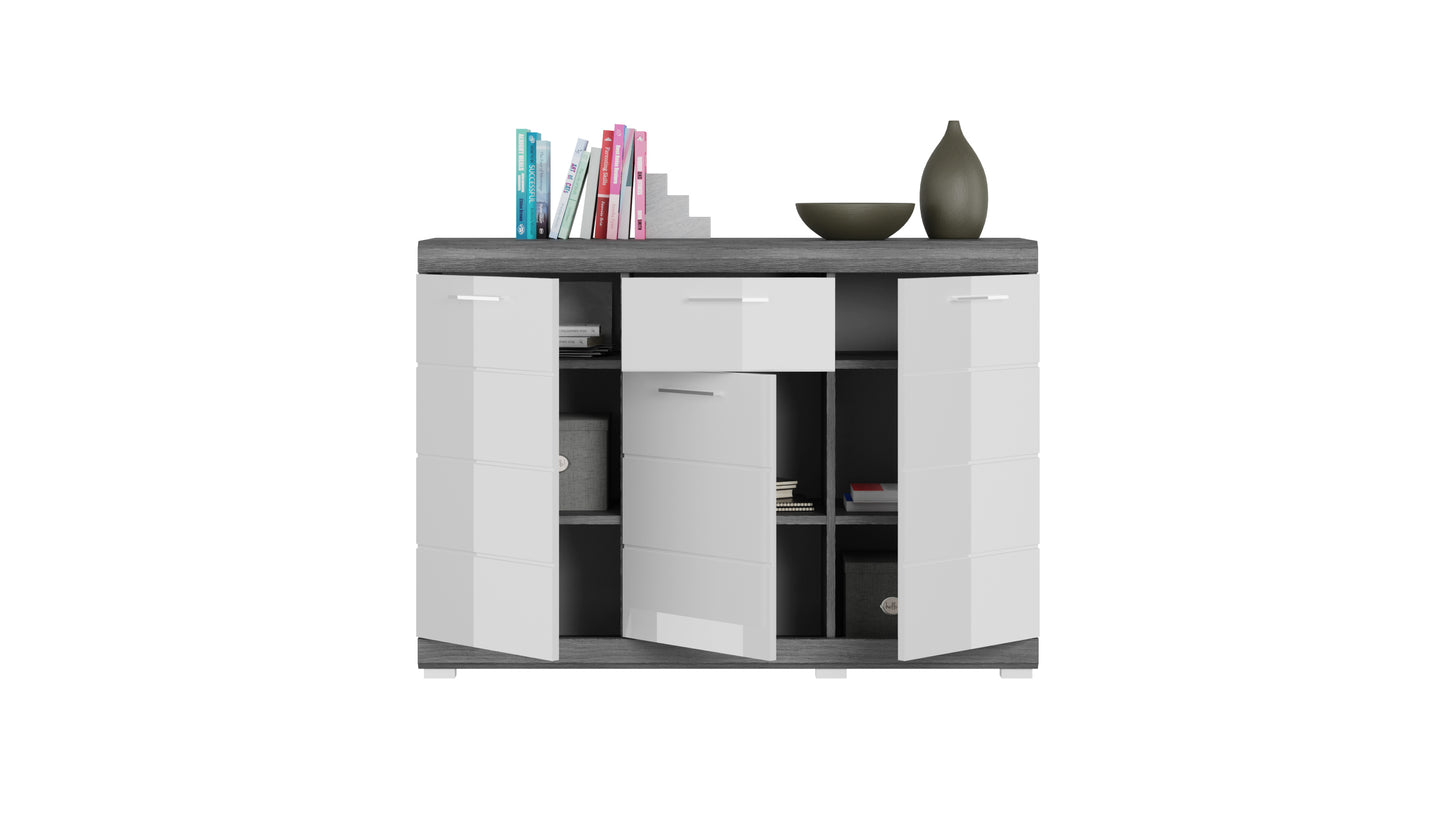 Commode SCOUT (L/H/P : env. 120/85/37 cm) coloris argent fumé/blanc brillant
