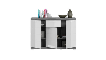 Commode SCOUT (L/H/P : env. 120/85/37 cm) coloris argent fumé/blanc brillant