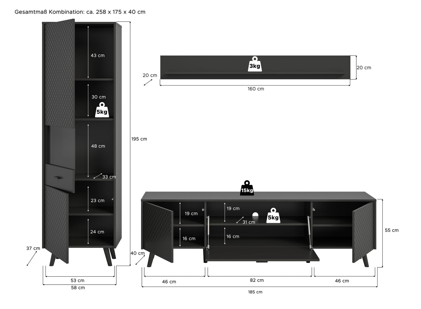 Homes & Jones Wohnwand Set 3-tlg. matt Grau, Lowboard für TV bis zu 70 Zoll