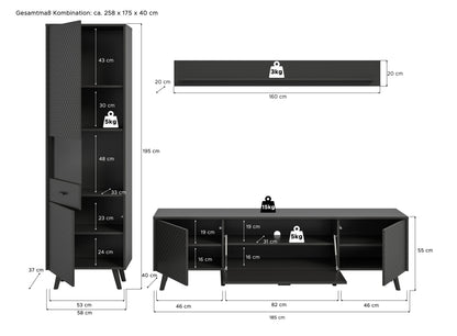 Homes & Jones Wohnwand Set 3-tlg. matt Grau, Lowboard für TV bis zu 70 Zoll