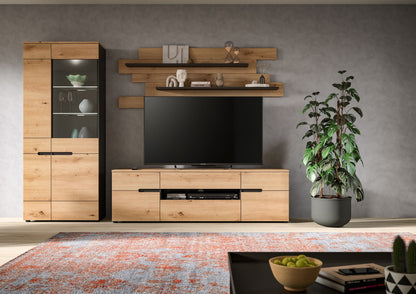Wohnwand-Set mit Vitrine, TV-Board und zwei Wandregalen, Holzoptik, dunkle Front