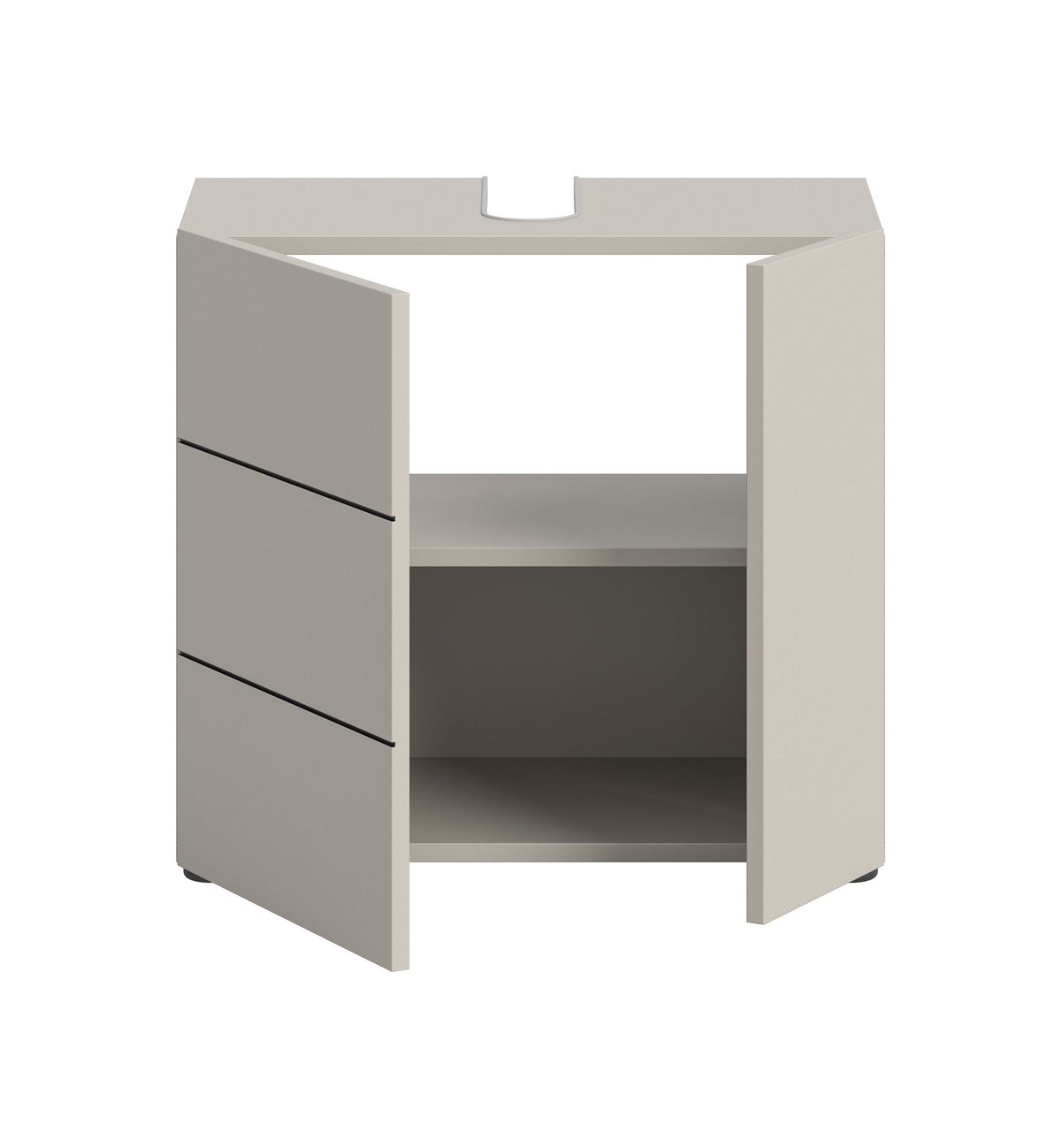 Waschbeckenunterschrank 60 cm breit, offen, mit zwei Schubladen und mittlerem Fach