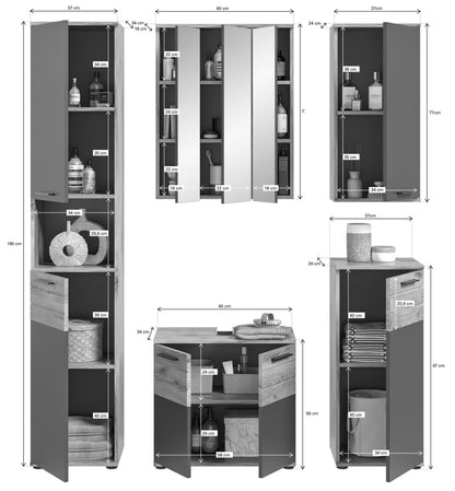 Badmöbel-Set Maße: Hochschrank, Spiegelschrank und Waschtisch-Unterschrank, Holzoptik/Grau