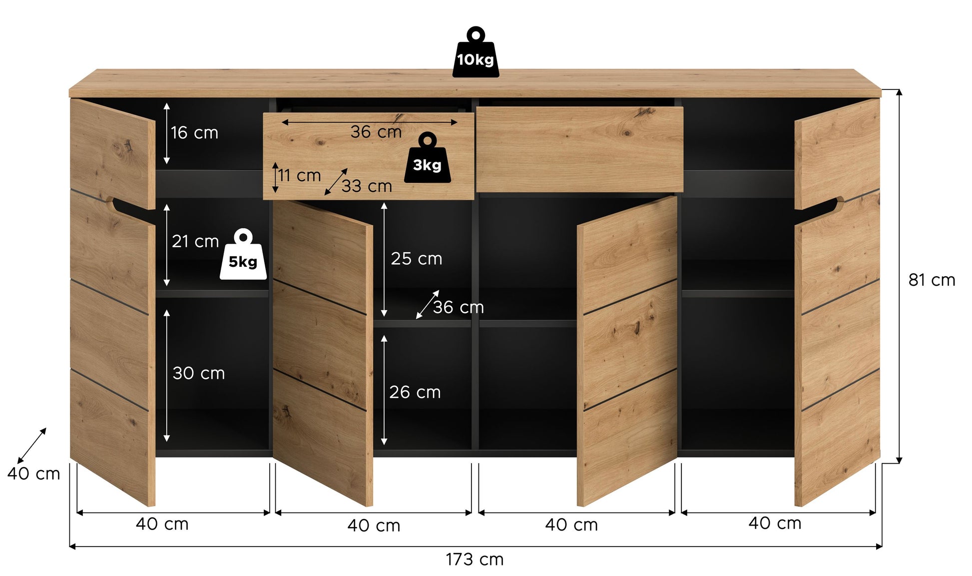 Homes & Jones-Kommode in Holzoptik mit Maßangaben, geöffneten Fächern und schwarzem Griff
