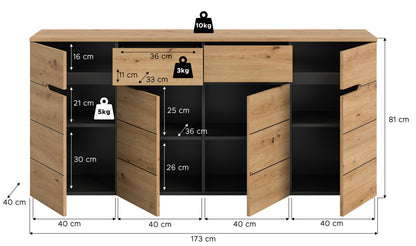 Homes & Jones-Kommode in Holzoptik mit Maßangaben, geöffneten Fächern und schwarzem Griff