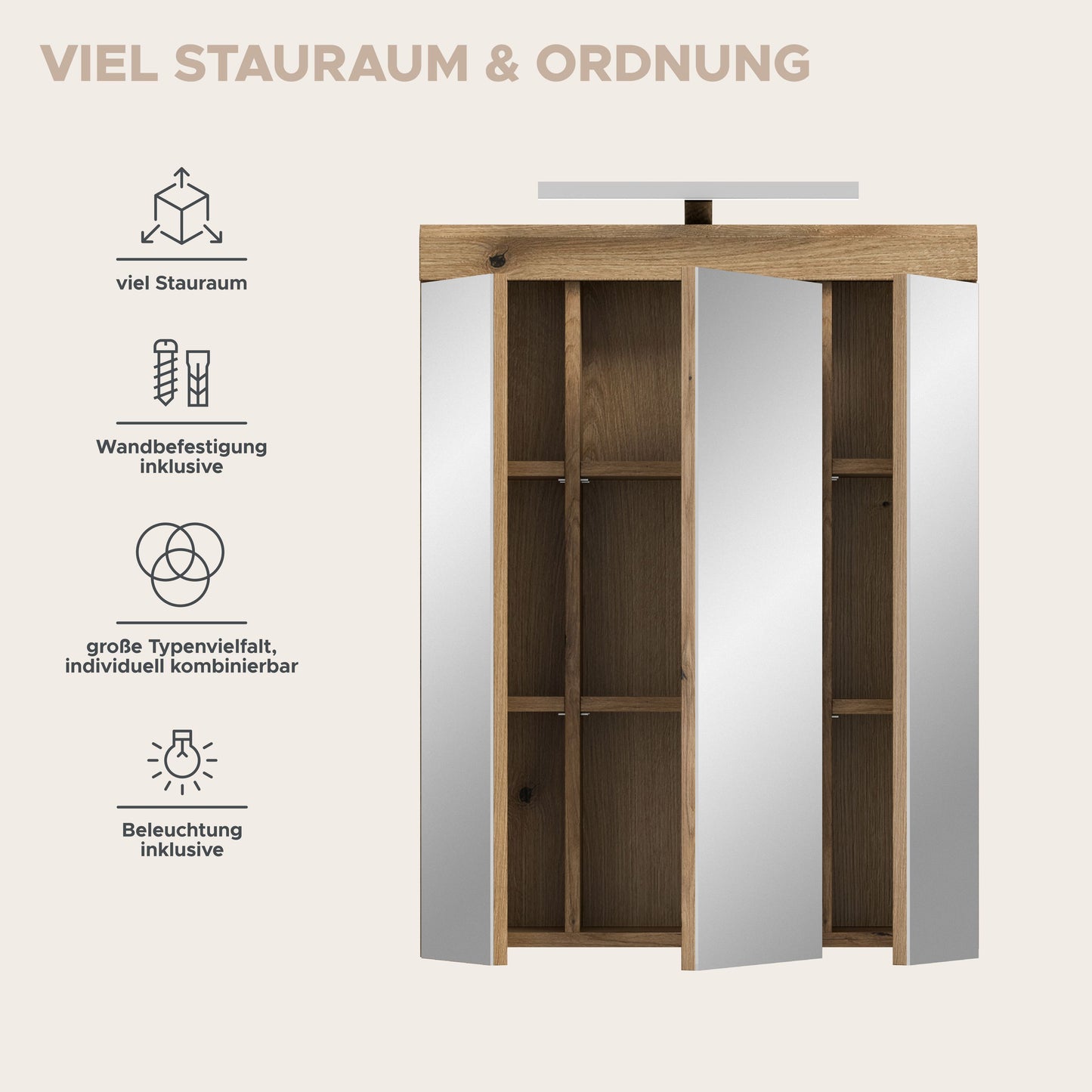 Armoire de toilette avec éclairage SCOUT (L/H/P : env. 60/79/18 cm) en imitation chêne Evoak/verre miroir