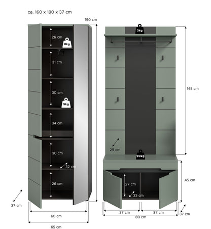 Homes & Jones Garderobenset 3-tlg., 1x Paneel, Sitzbank, Schrank mit Spiegel