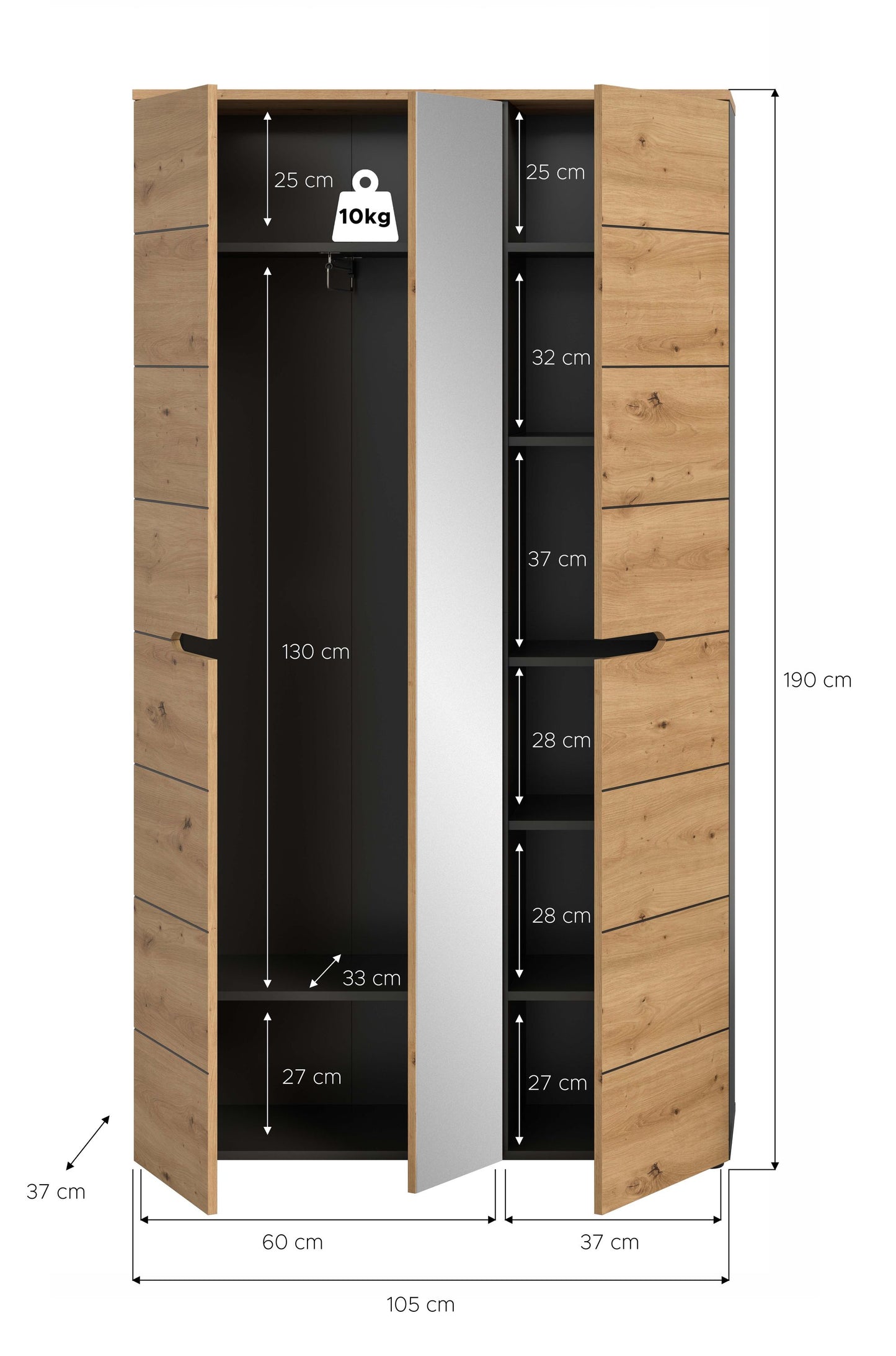 Garderobenschrank mit Spiegel, Maßskizze mit Fächern und Kleiderstange