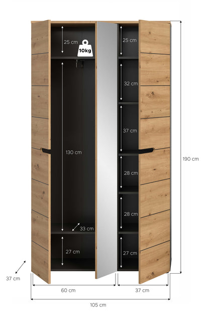 Garderobenschrank mit Spiegel, Maßskizze mit Fächern und Kleiderstange