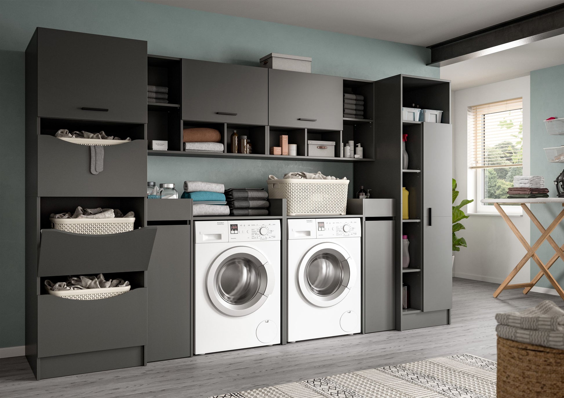 Waschmaschinenschrank-Set in Anthrazit mit zwei Frontladern, seitlichen Regalen und Türen