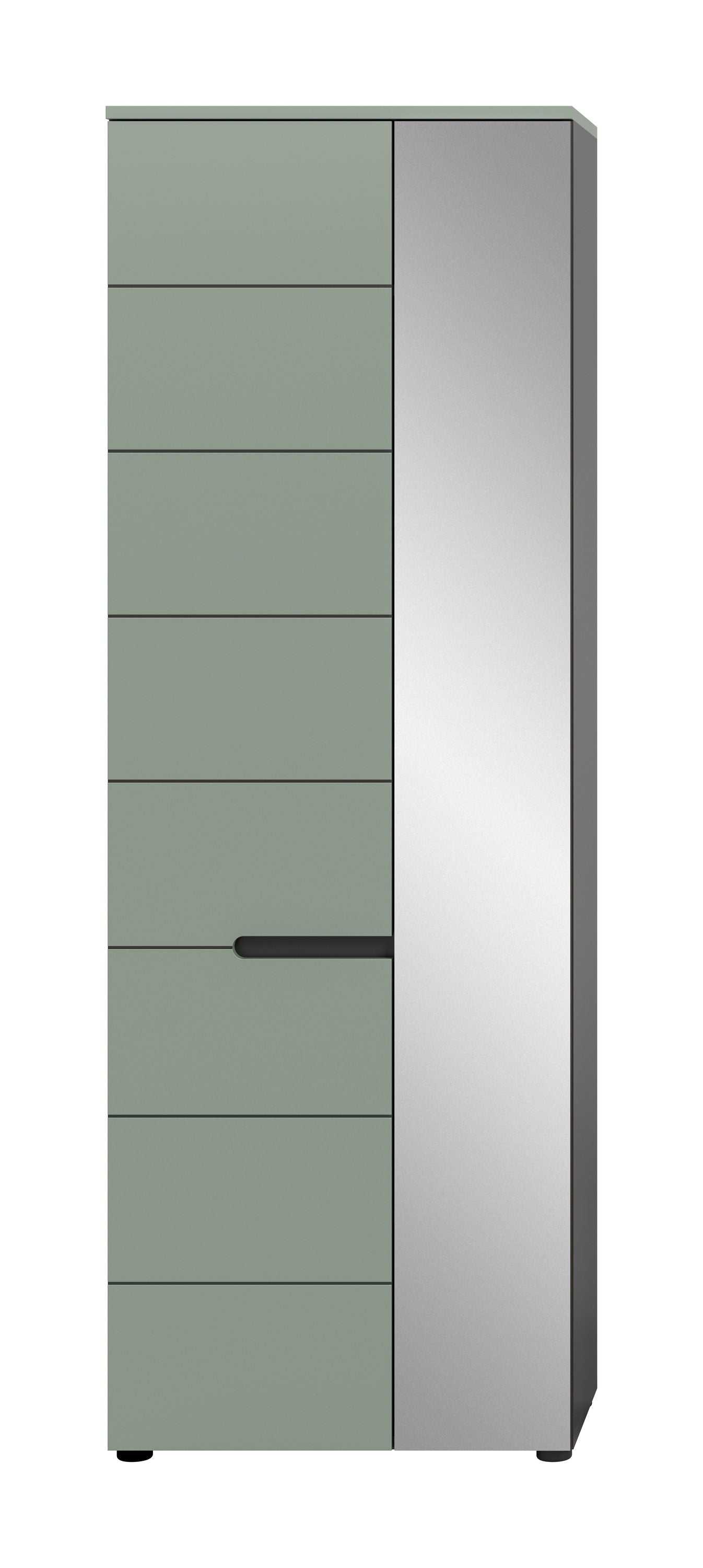 Homes & Jones Garderobenschrank mit Spiegel, olivgrüne Front, schwarze Griffleiste