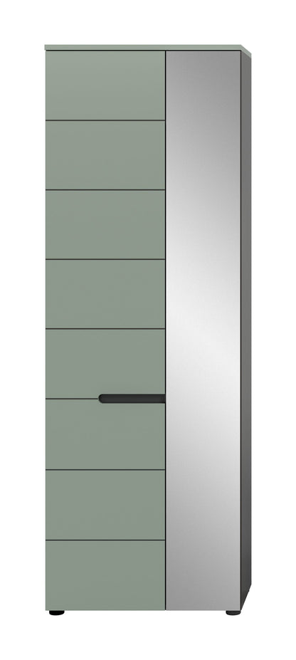 Homes & Jones Garderobenschrank mit Spiegel, olivgrüne Front, schwarze Griffleiste