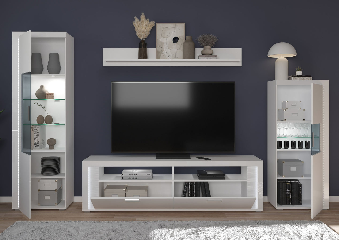 Homes & Jones Wohnwand 4-tlg. inkl. Beleuchtung weiß Hochglanz, TV bis 70 Zoll