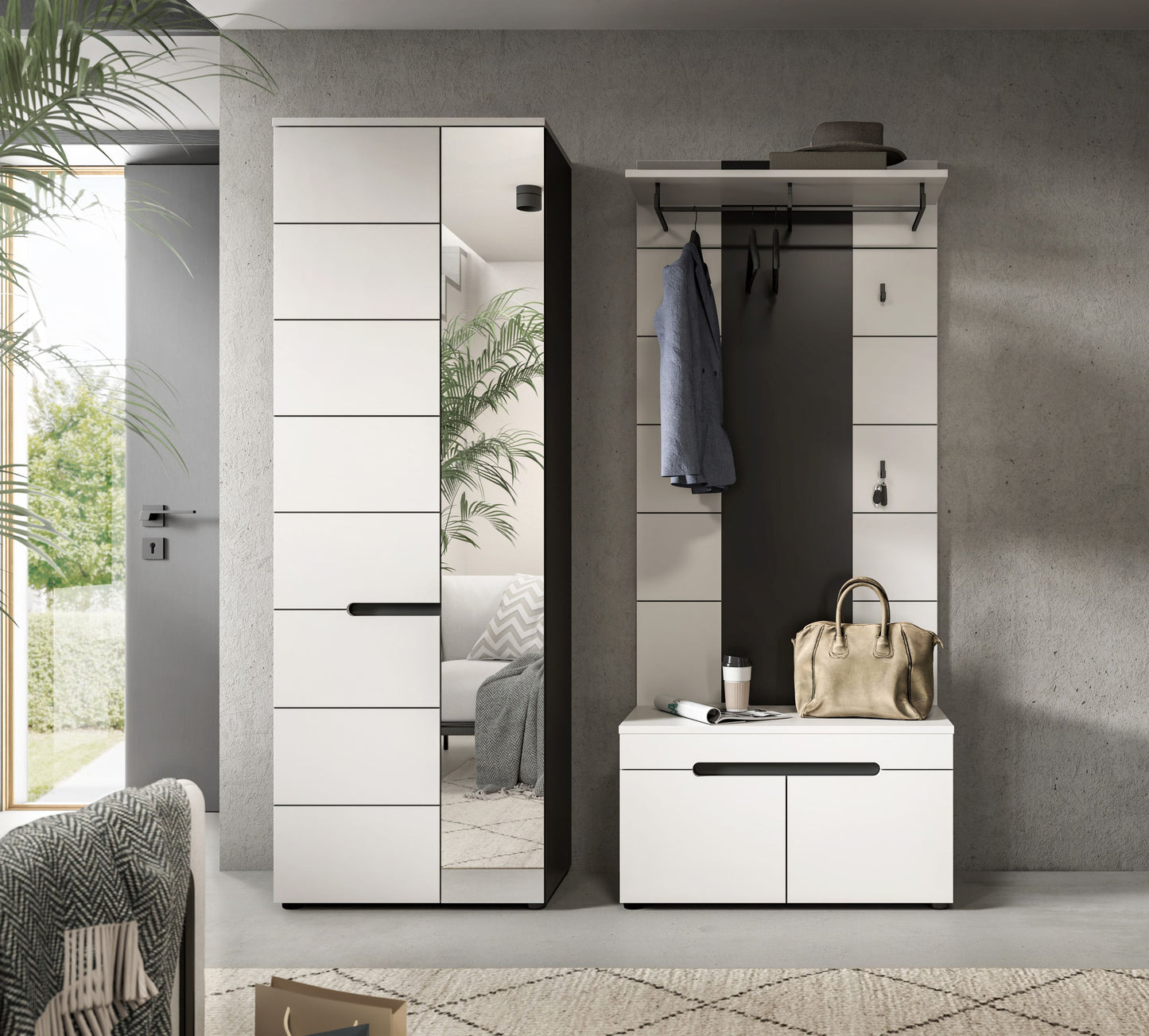 Homes & Jones Garderobenset 3-tlg., 1x Paneel, Sitzbank, Schrank mit Spiegel