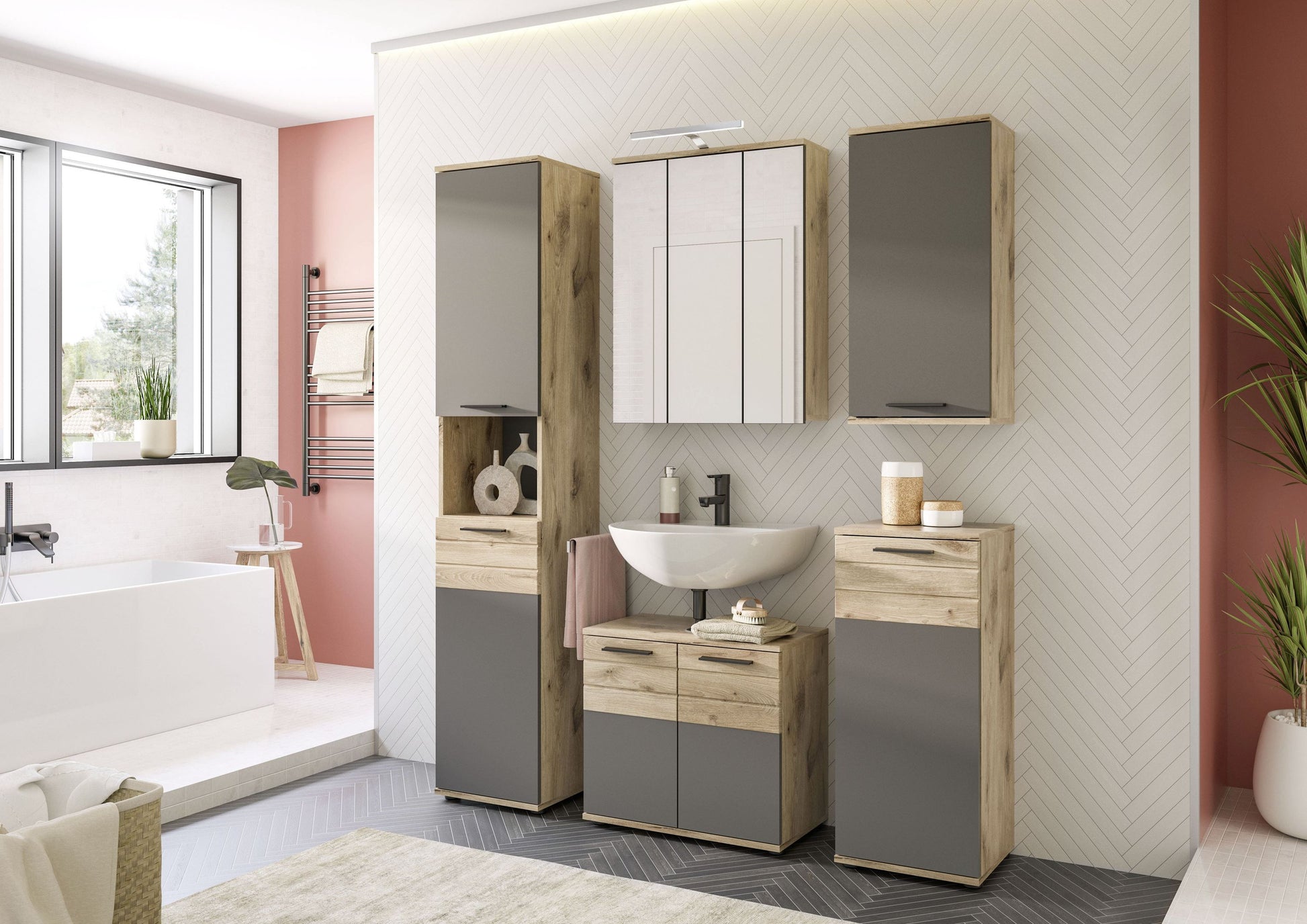 Homes & Jones Badezimmer-Set 3-teilig an der Wand: Hochschrank, Spiegelschrank und Waschtisch