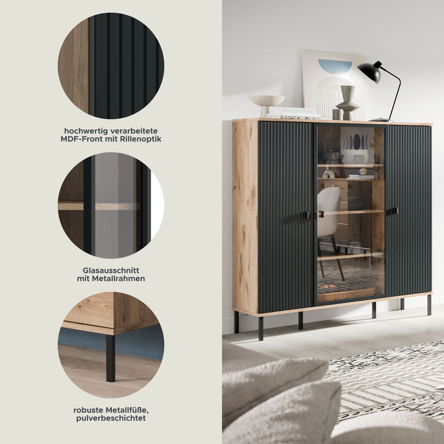 Homes & Jones Highboard, Wohnzimmerschrank-mit 4 Deko Fächer, Wohnmöbel