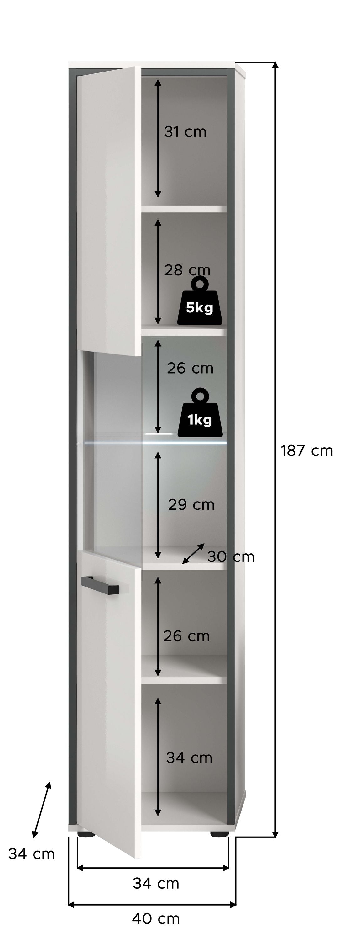 Badhochschrank mit Maßen 187 cm Höhe, 40 cm Breite und Einlegeböden