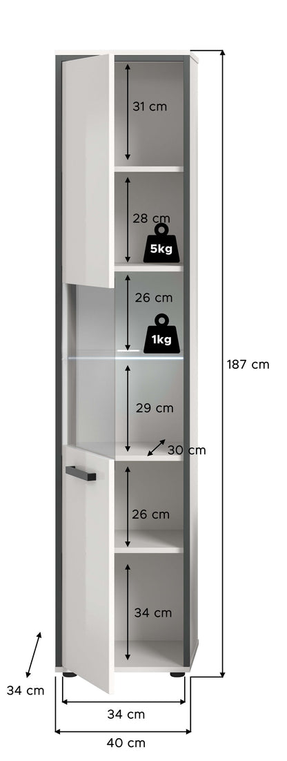 Badhochschrank mit Maßen 187 cm Höhe, 40 cm Breite und Einlegeböden