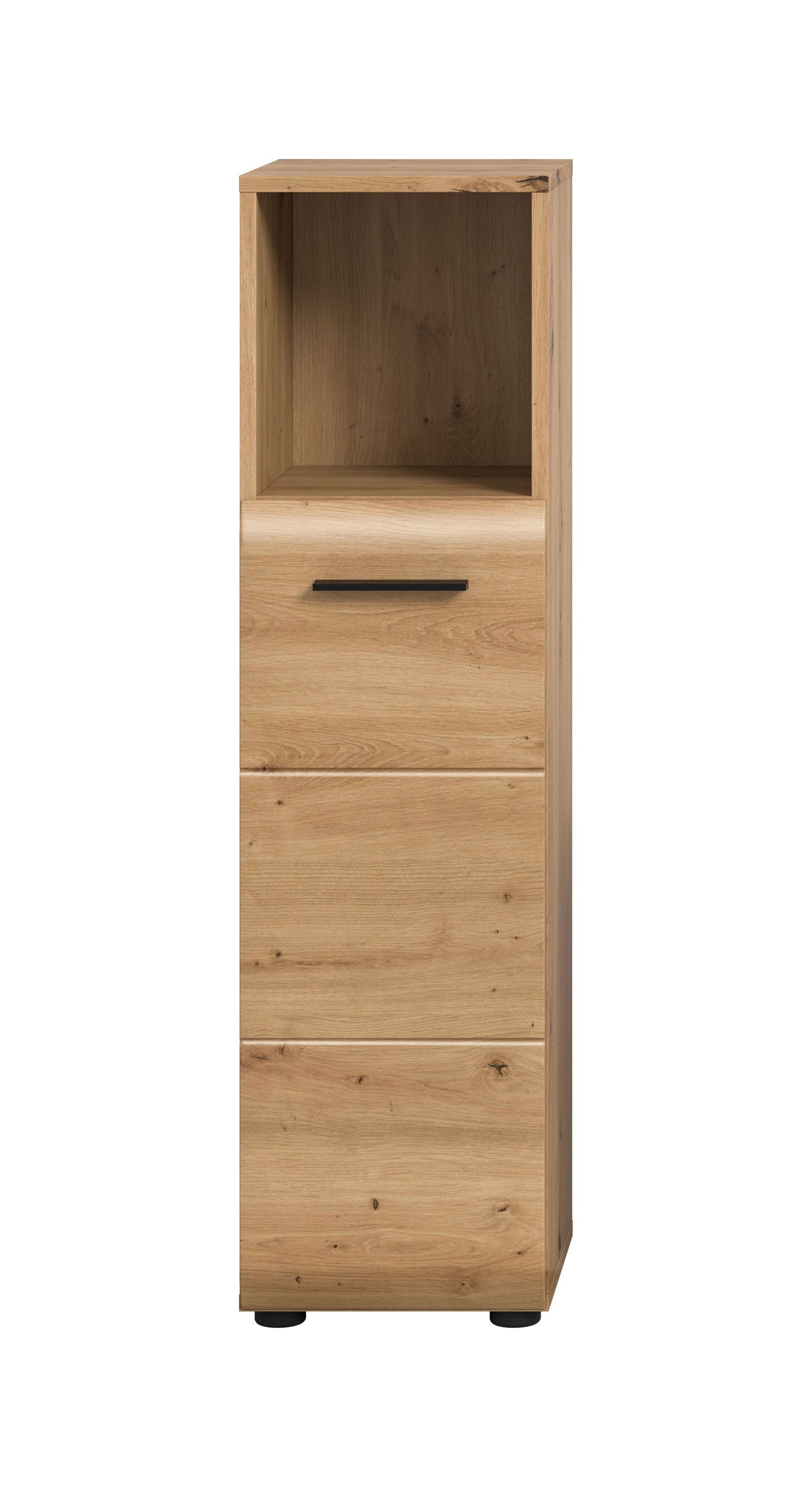 Schmaler Badezimmerschrank aus hellem Holz mit offenem Fach, mittlerer Schublade, Griffleiste