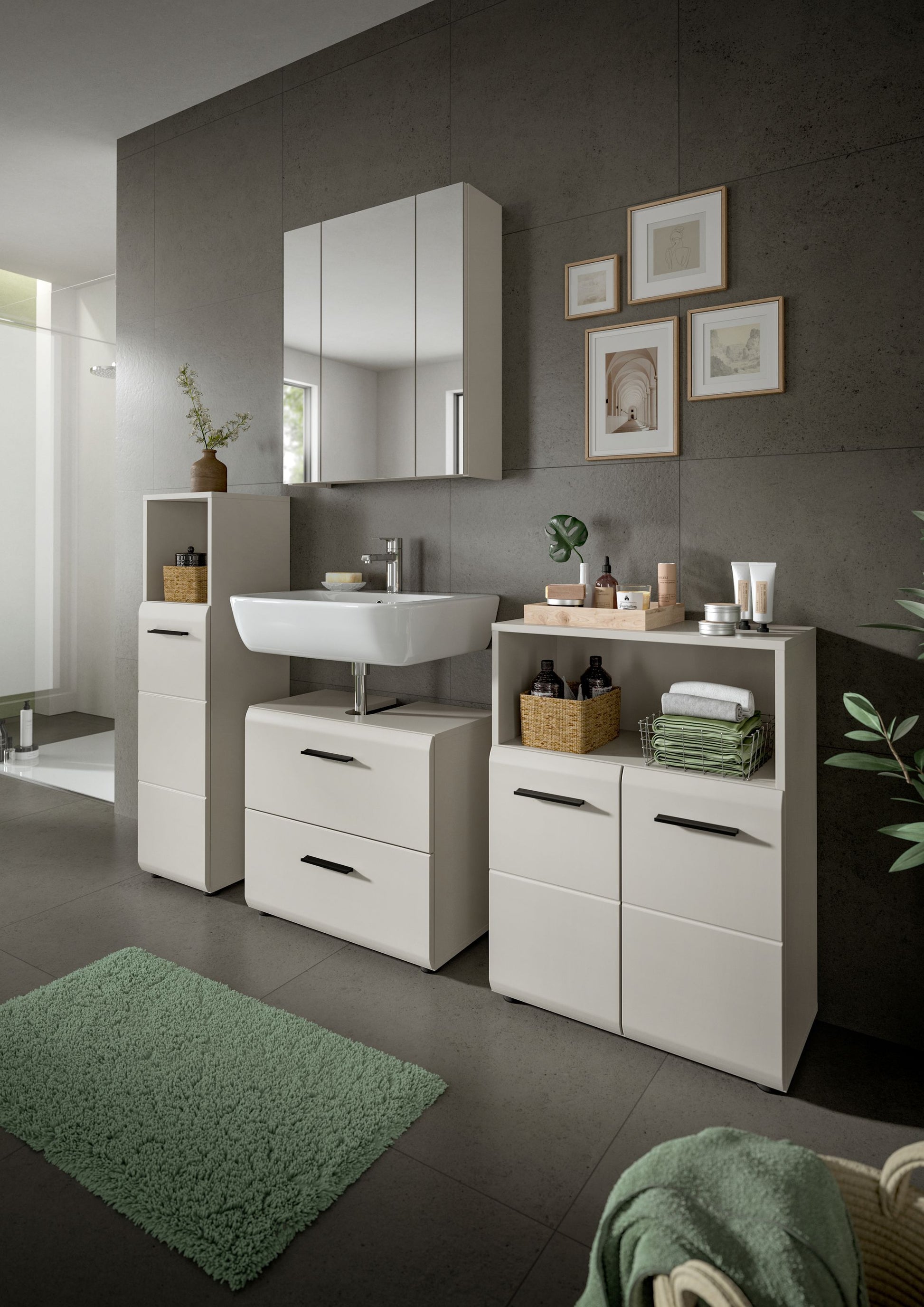 Badmöbelset mit Holzoptik, hellem Spiegelschrank und grauem Waschtischunterschrank