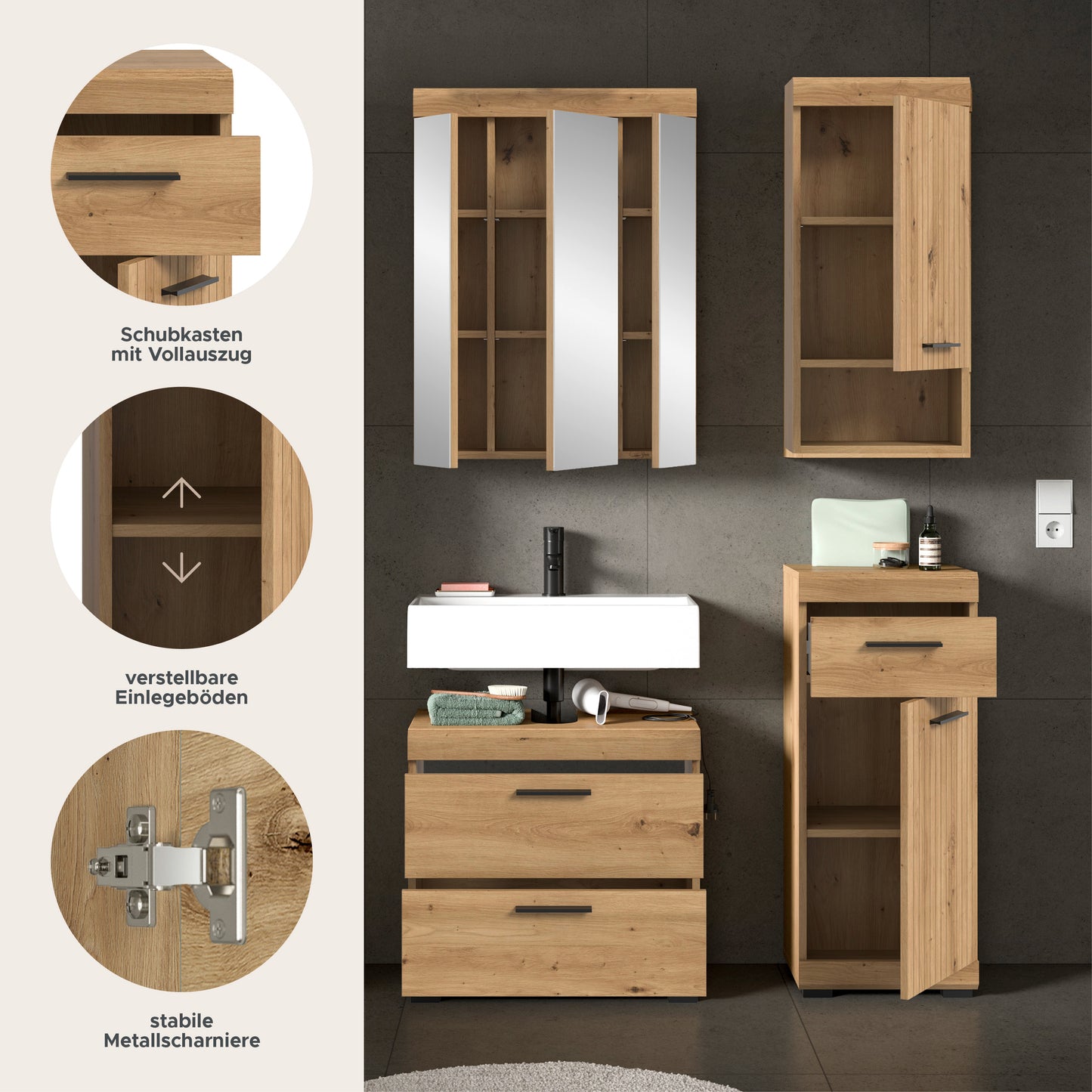 Badezimmerset mit Holzoptik; Detailansicht zu Schubkasten, Einlegeböden und Metallscharnieren