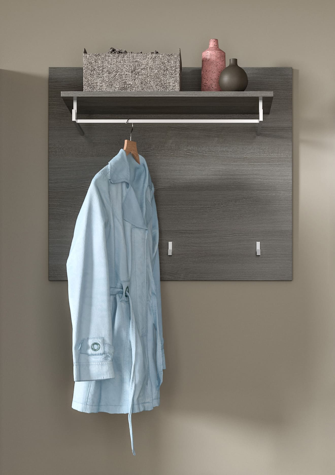 Garderobenpaneel mit Hutablage und 3 Haken, dunkelgraue Holzoptik, Mantel am Haken