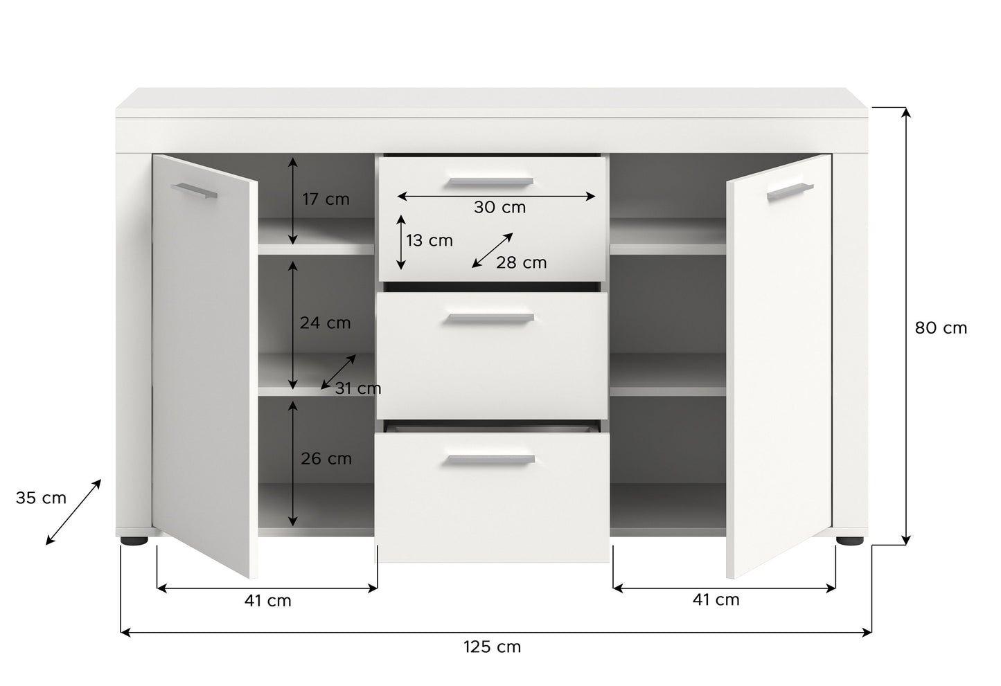 Homes & Jones Sideboard 125 cm breit mit 3 Schubladen, Mehrzweckschrank